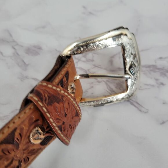 Tony Lama Brown Leather Floral Tooled Belt with Silver Buckle Top Hand - Picture 6 of 16